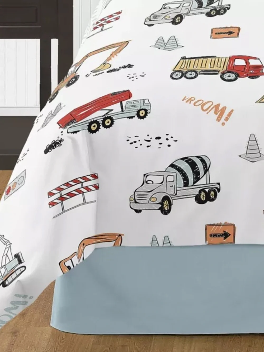 Kids Construction Truck Comforter Set - White with Multicolor Trucks